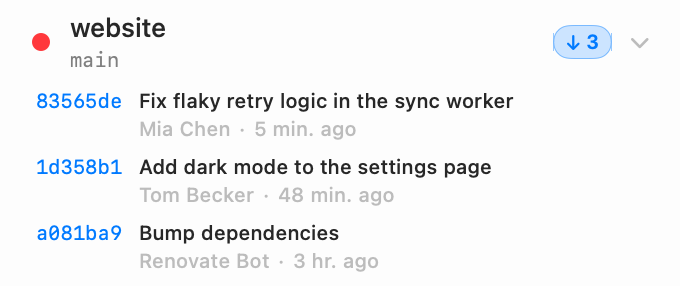 An expanded repository row listing three incoming commits with their short SHAs, subjects, authors and relative times.