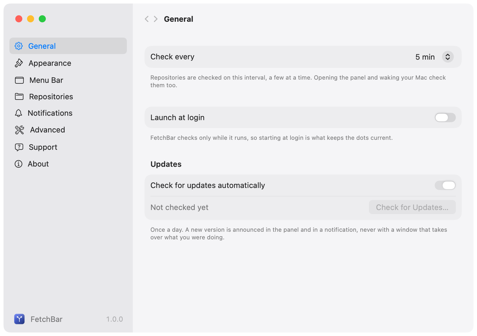 FetchBar Settings on the General pane, with a sidebar listing Appearance, Menu Bar, Repositories, Notifications, Advanced, Support and About: check interval, launch at login and the update controls.